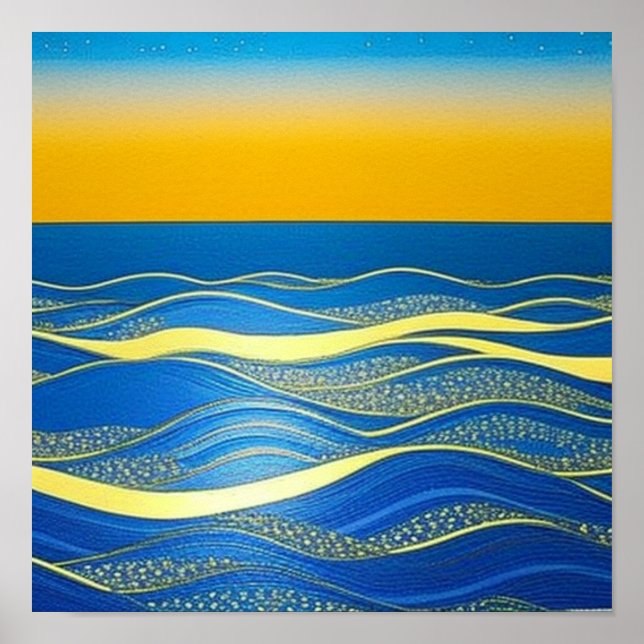 Póster Olas azules doradas en el Poster Sunset (Frente)
