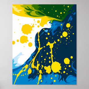 Póster Olas Azules Fluyentes con Salpicaduras de Pintura 