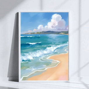 Póster Olas de acuarela de agua de océano Pintura costera