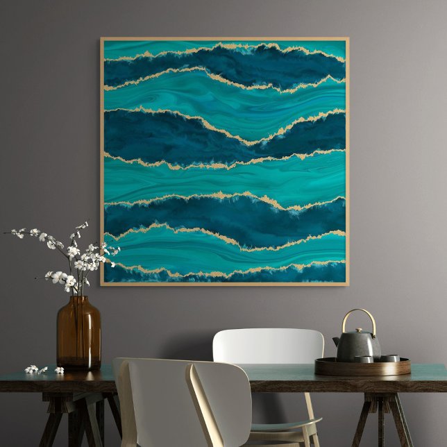Póster Olas de Ágata Teal – Mármol Abstracto con Oro (Teal Agate Waves – Abstract Marble with Gold)