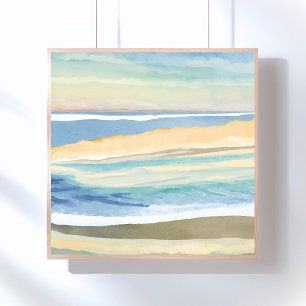 Póster Olas de Azul   Acuarela de Playa de Costa Oceánica