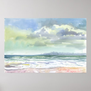 Póster Olas de mar de verano y cielo nublado acuarela