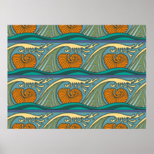 Póster Olas de Océano Azul Patrón de Concha de Nautilus N