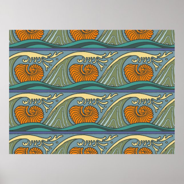 Póster Olas de Océano Azul Patrón de Concha de Nautilus N (Frente)