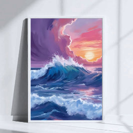 Póster Olas de océano púrpura puesta de sol pintura en ac