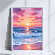 Olas de océano rosadas puesta de sol acuarela