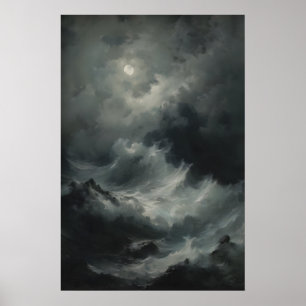 Póster Olas de Océano Violentas Luna Llena Paisaje Marino