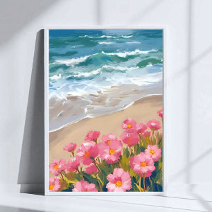 Póster Olas de Playa Acuarela Pintura Floral Rosa en la O