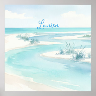 Póster olas de playa de acuarela azul pastel nombre edita