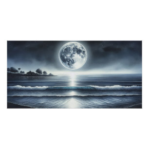 Póster Olas del Océano bajo la Luz de la Luna y Cielo Noc