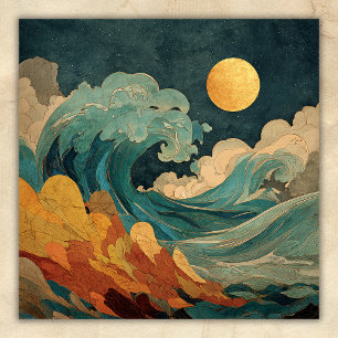 Póster Olas del Océano bajo Luna Llena – Playa Costera Ab