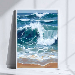 Póster Olas del Océano Rompiendo | Acuarela Azul Costera