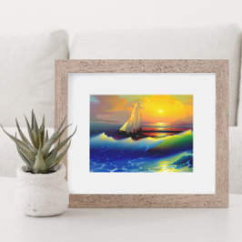Póster Olas del océano, velero y reflejo de la puesta de