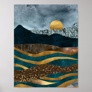 Póster Olas doradas bajo montañas iluminadas por la luna
