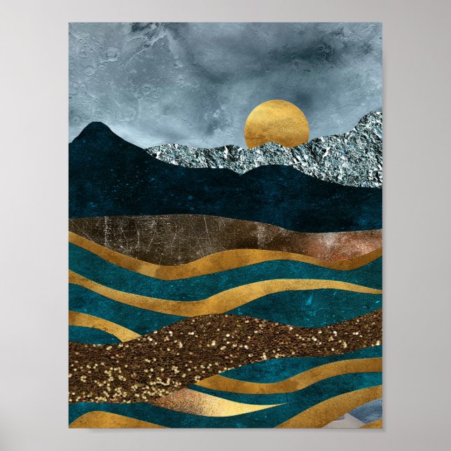 Póster Olas doradas bajo montañas iluminadas por la luna (Frente)