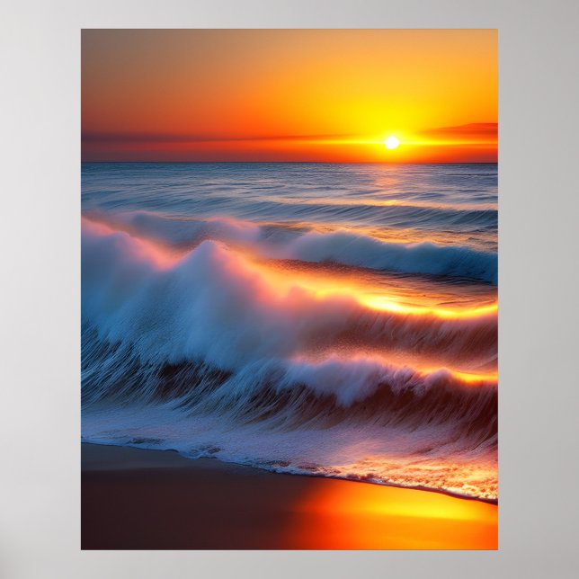 Póster Olas en el océano con puesta de sol (Frente)