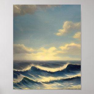 Póster olas oceánicas cielo nublado pintura náutica