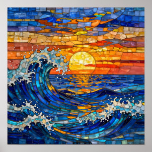 Póster Olas oceánicas costeras en la puesta del sol  