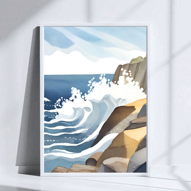 Póster Olas que rompen | Aquarela de costa rocosa (Subido por el creador)
