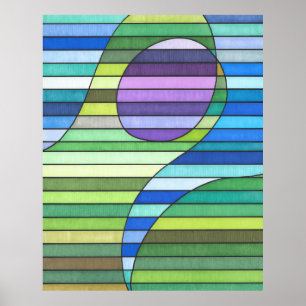 Póster Olas Verdes Abstractas Rayadas y Círculo Púrpura