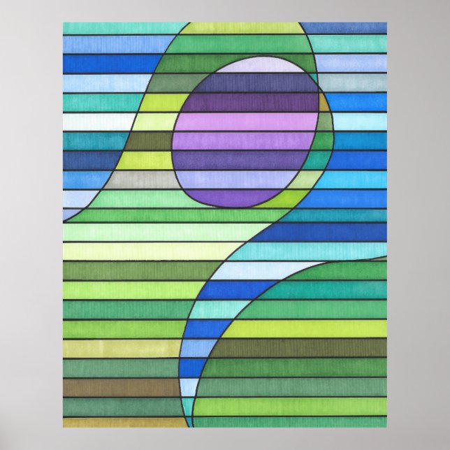 Póster Olas Verdes Abstractas Rayadas y Círculo Púrpura (Frente)