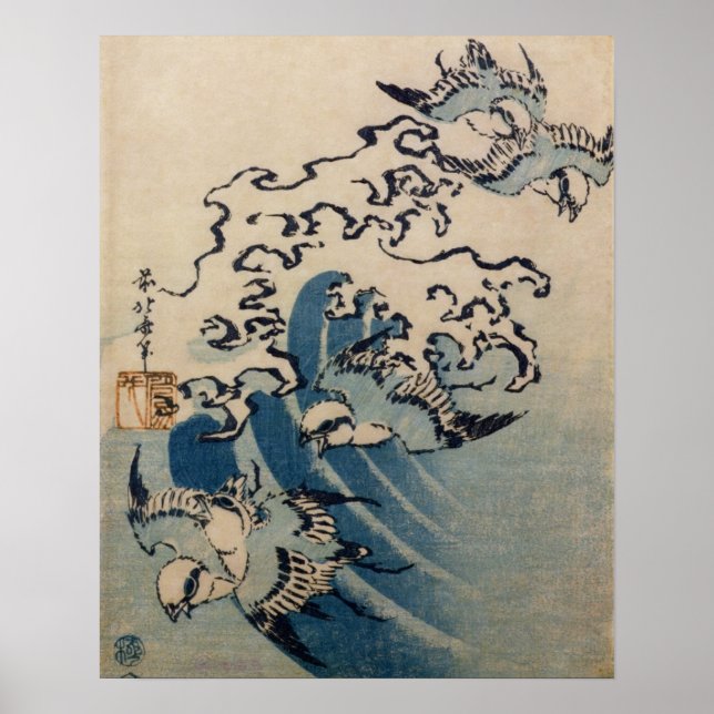 Póster Olas y aves, c.1825 (impresión de bloques de mader (Frente)