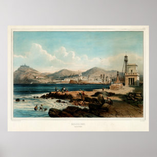 Póster Old Barcelona Spain Illustrative Map (1850) 