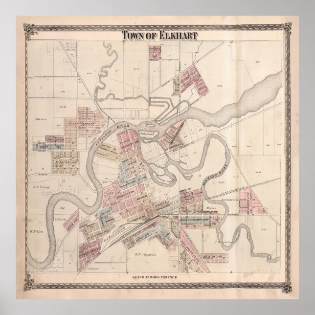Póster Old Elkhart IN Map (1874) Vieja Ciudad de Hart (Frente)