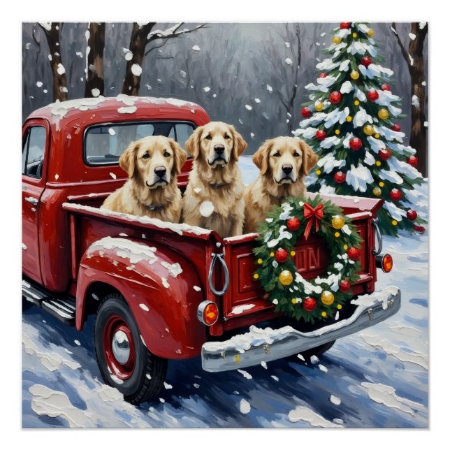 Póster Old English Sheepdog Christmas Red Truck Holiday (Anverso)