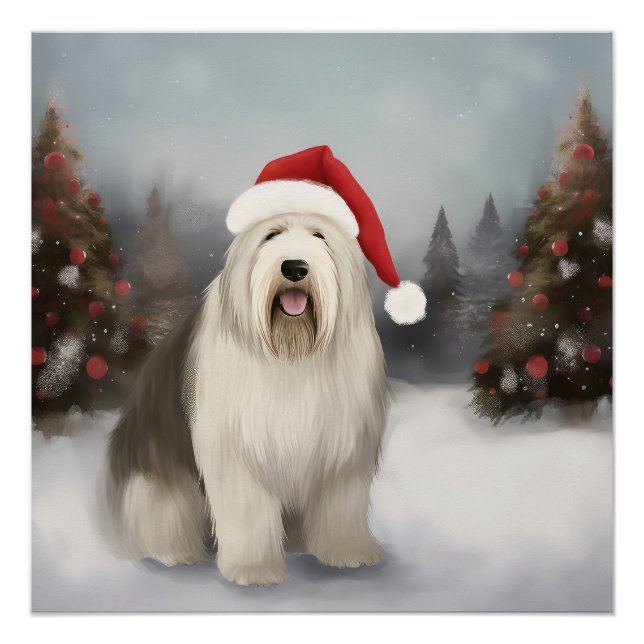 Póster Old English Sheepdog en Navidad nevada (Anverso)
