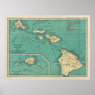 Póster Old Hawaii Map (1924) Vintage Hawaiian Islands 