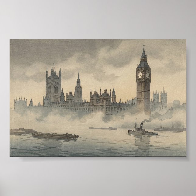 Póster Old London in the Mist Japanese Woodblock Print (Frente)