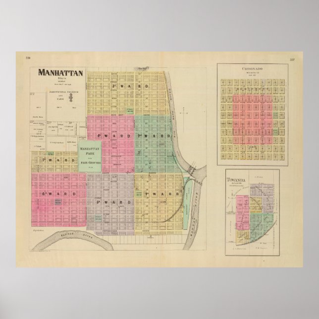 Póster Old Manhattan KS Map (1887)  (Frente)