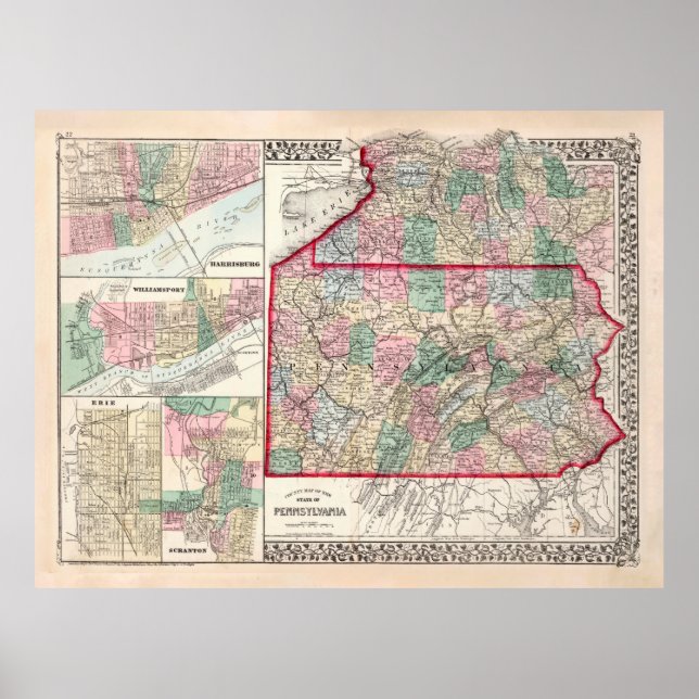 Póster Old Pennsylvania y Mapa de Ciudades Diversas (1874 (Frente)