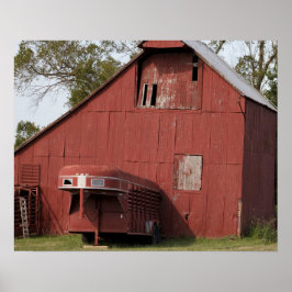 Póster Old Red Barn and Red Horse Trailer Color 16x20