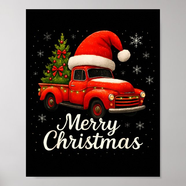Póster Old Red Truck Santa Hat Xmas Tree Merry Christmas  (Frente)