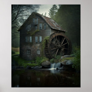 Póster Old water wheel mill with great historic beauty.
