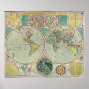 Póster Old World Map with heavenly bodies- Antique Travel
