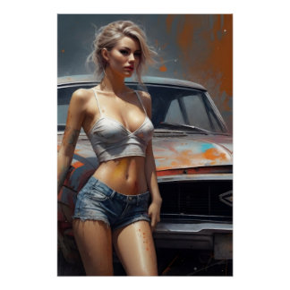 Póster oldtimer pinup nostalgie kunstwerk blond frau