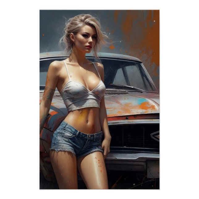 Póster oldtimer pinup nostalgie kunstwerk blond frau (Anverso)