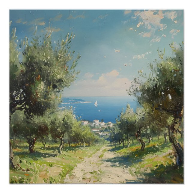 Póster Olivar con pueblo costero y mar (Anverso)