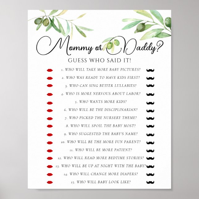 Póster Olive branch Baby Shower Mommy Or Daddy Game (Frente)