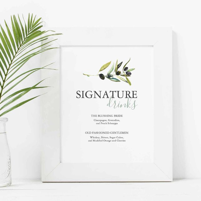 Póster Olive Branch Signature Drinks Wedding Sign (Olive wedding bar signs with watercolor art by Victoria Grigaliunas of Do Tell A Belle)