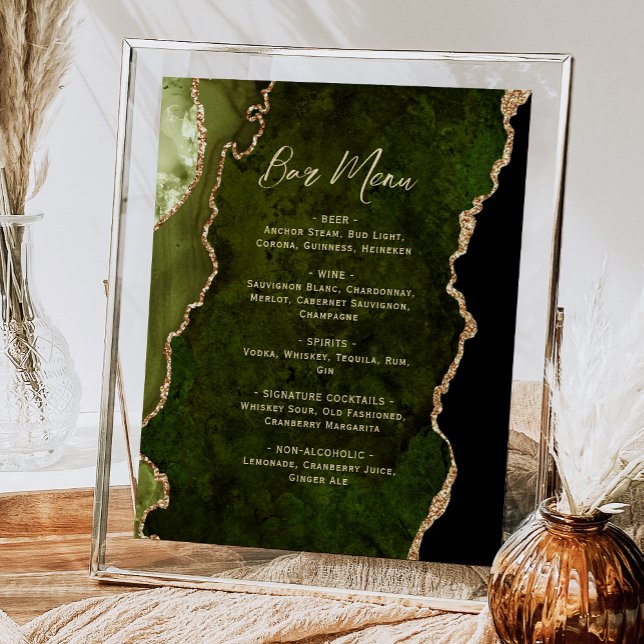 Póster Olive Green Gold Agate Script Wedding Bar Menu  (Subido por el creador)