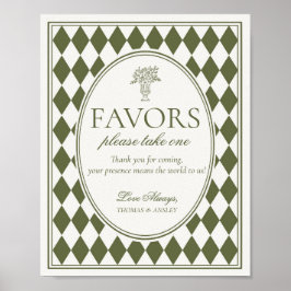 Póster Olive Green Harlequin Checkered Wedding Favor Sign