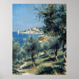 Póster Olive Grove with Coastal Village and Sea