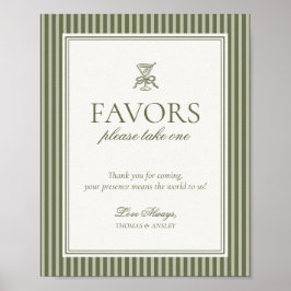 Póster Olive Martini Green Striped Wedding Favors Sign