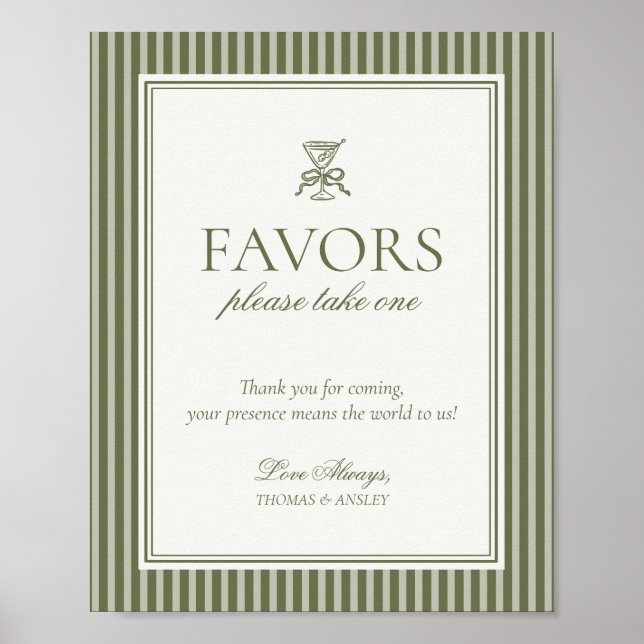 Póster Olive Martini Green Striped Wedding Favors Sign (Frente)