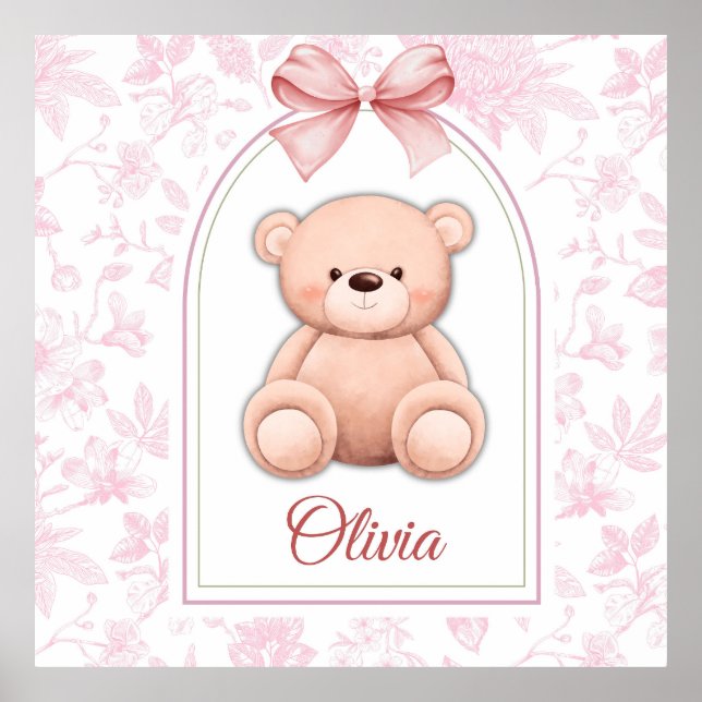 Póster Olivia | Diseño de guardería de osito rosado perso (Frente)