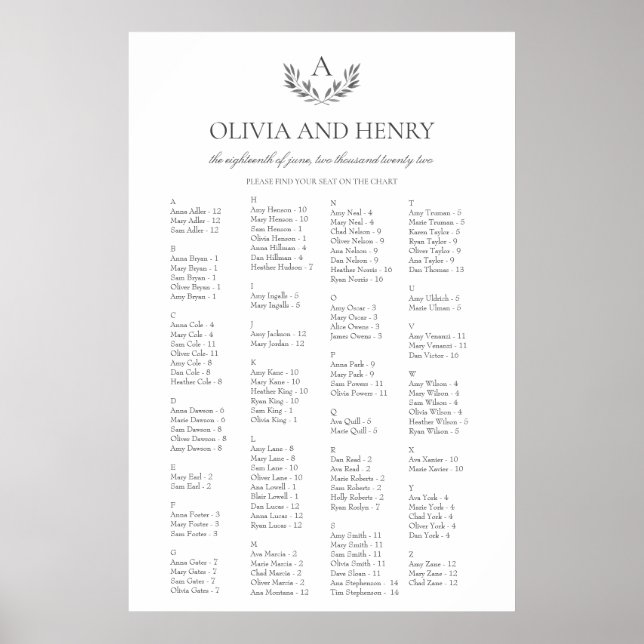 Póster Olivia Elegant Alphabetical Boda (Frente)